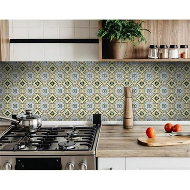 5 x 5 in. Taupe & Blue Scroll Peel & Stick Tiles