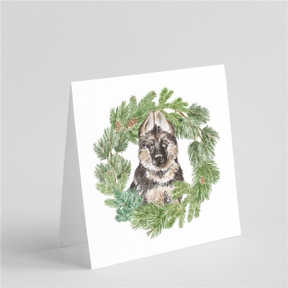 5 x 5 in. Unisex German Shepherd Puppy with Christmas Wreath Square Greeting Cards & Envelopes, Multi Color - Pack of 8