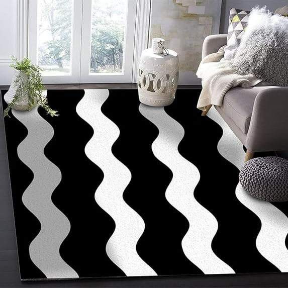 5 x 6ft Area Runner Rug Carpet, Black Stripe Ripple Outdoor Indoor Kitchen Living Room Bedroom Laundry Room Washable Bath Rug, Abstract Geometric Doormat Desk Welcome Floor Door Mat