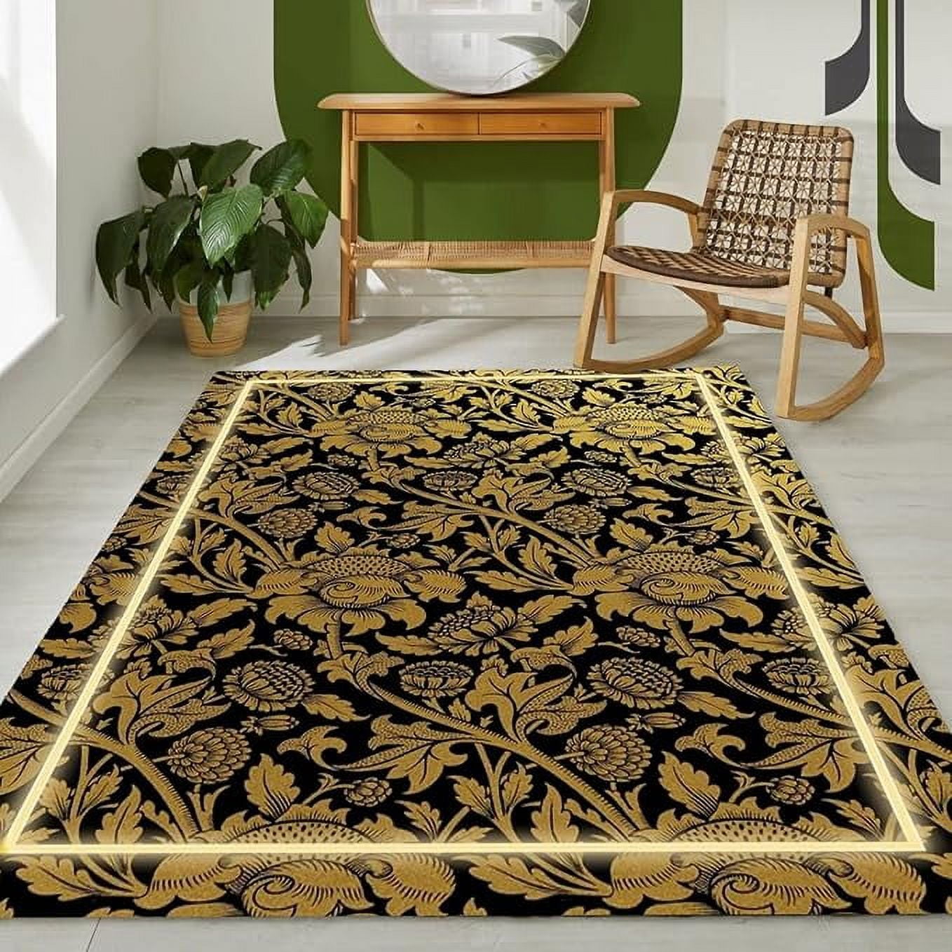 5 x 6ft Black Gold Floral Area Rug For Living Room Bedroom, Stripe Line ...