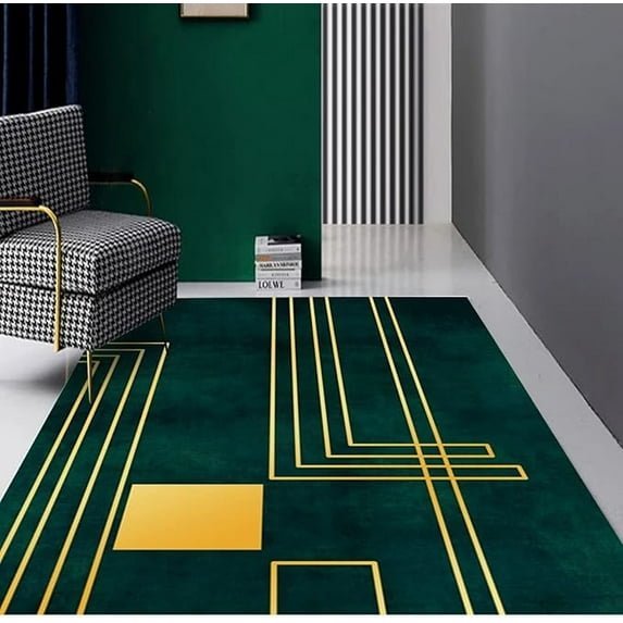 5 x 6ft Emerald Green Gold Abstract Area Rug, Modern Geometric Pattern Bedroom Carpet, Upholstery Rugs Non-Slip Machine Washable Non-Shedding For Living Room Bedroom