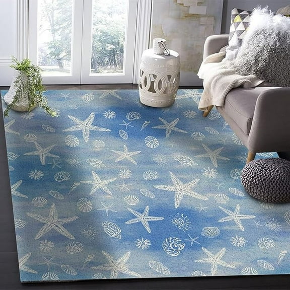 5 x 6ft Ocean Starfish Area Rug, Modern Outdoor Living Room Bedroom Area+Rug Carpet, Kitchen Rug Bath Mat Front Porch Floor Doormat Runner Rugs, Vintage Shells Conch Blue Watercolor