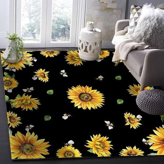 5 x 6ft Sunflower Bee Area Runner Rug Carpet, Outdoor Indoor Kitchen Living Room Bedroom Laundry Room Washable Bath Rug, Spring Floral Flowers Black Doormat Welcome Door Mat