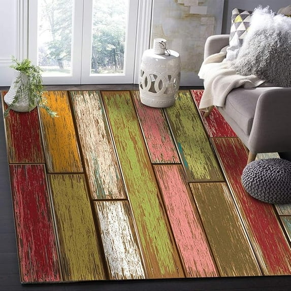 5 x 6ft Vintage Old Wooden Board Area Rug, Color Stitching Living Room Rug, Large Area Rugs With Non-Slip Backing Machine Washable For Living Room Bedroom Interior Office ﻿