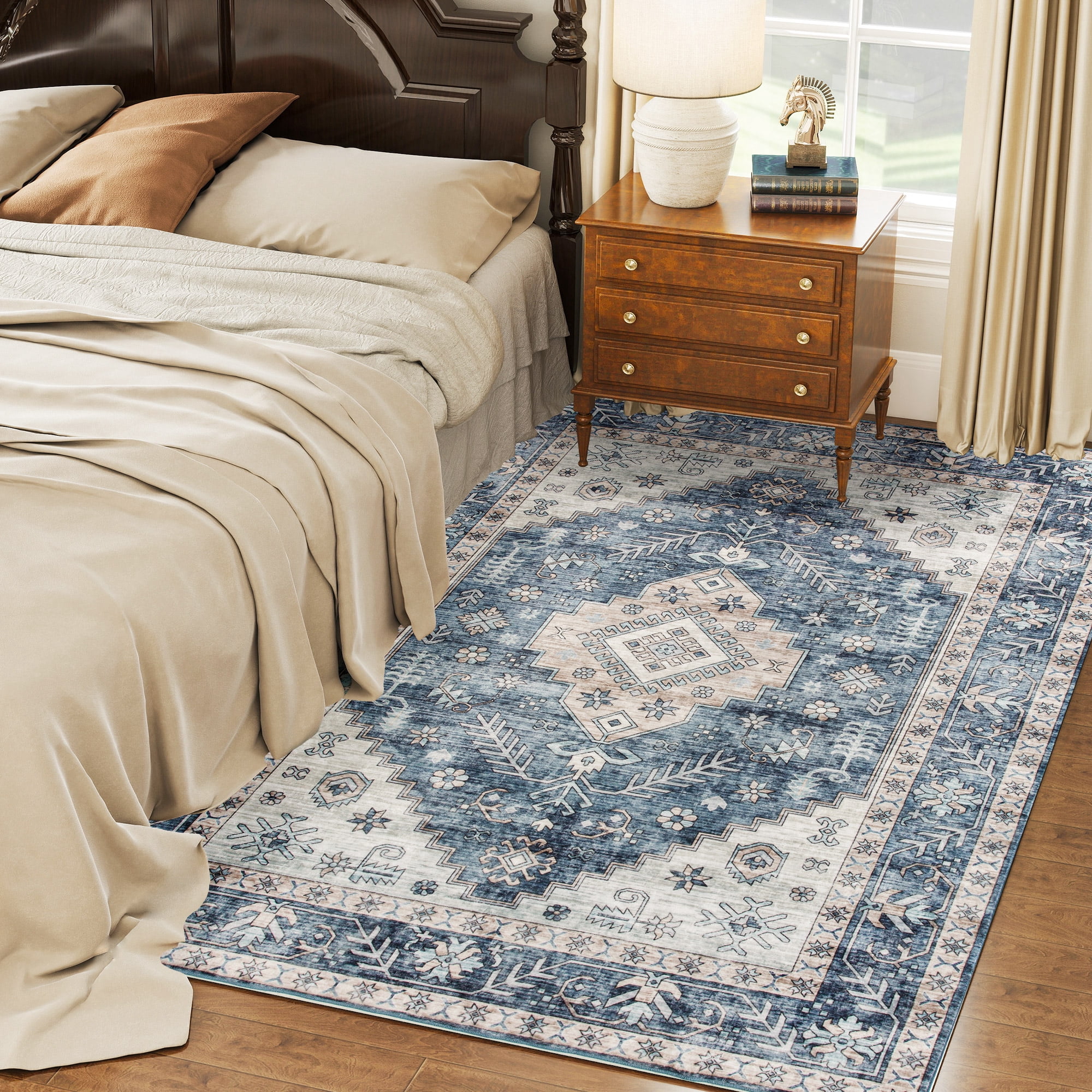 5' x 7' Area Rug, Distressed Vintage Rug with Intricately Stitched Edges & Anti-Slip TPR Backing, Pet-Friendly Soft Floor Carpet for High Traffic Living Room & Hallway