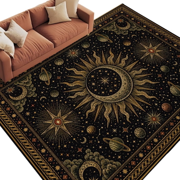 5' x 7' Area Rugs for Living Room Gold Boho Celestials Washable Rugs Soft Dark Gothick Sun and Moon Rug for Bedroom Non-Slip Large Carpet for Dining Room Office