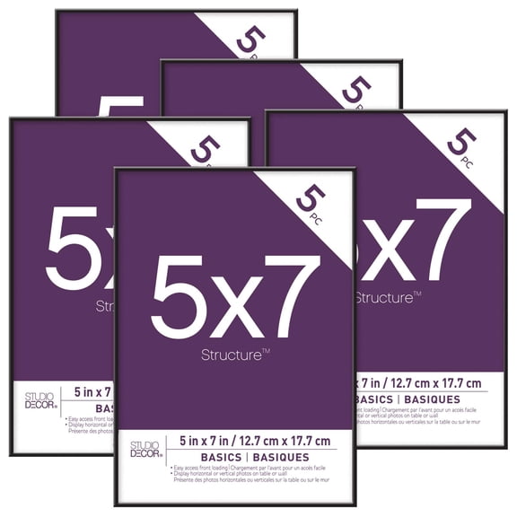 Studio Decor 5" x 7" Black Basics Frames - Includes Pre-attached Hanging Hardware, Horizontal or Vertical Display - Plastic, 5 Pack