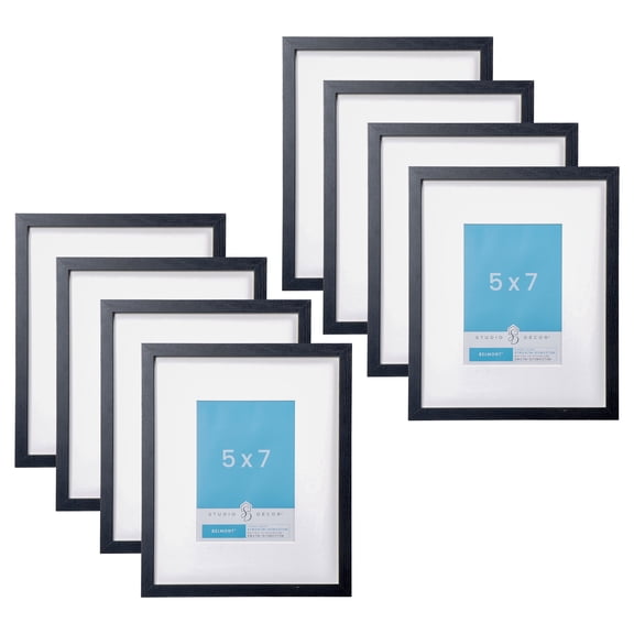 Studio Decor 5" x 7" Black Narrow Belmont Frames with Mat - Rustic MDF Frames with White Mat & Glass/Styrene Fronts, Horizontal or Vertical Display, 8 Pack