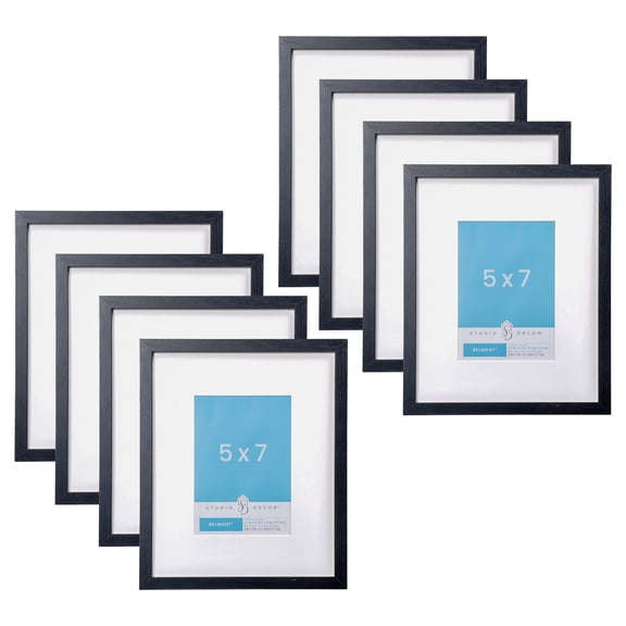 Studio Decor 5" x 7" Black Narrow Belmont Frames with Mat - Rustic MDF Frames with White Mat & Glass/Styrene Fronts, Horizontal or Vertical Display, 8 Pack