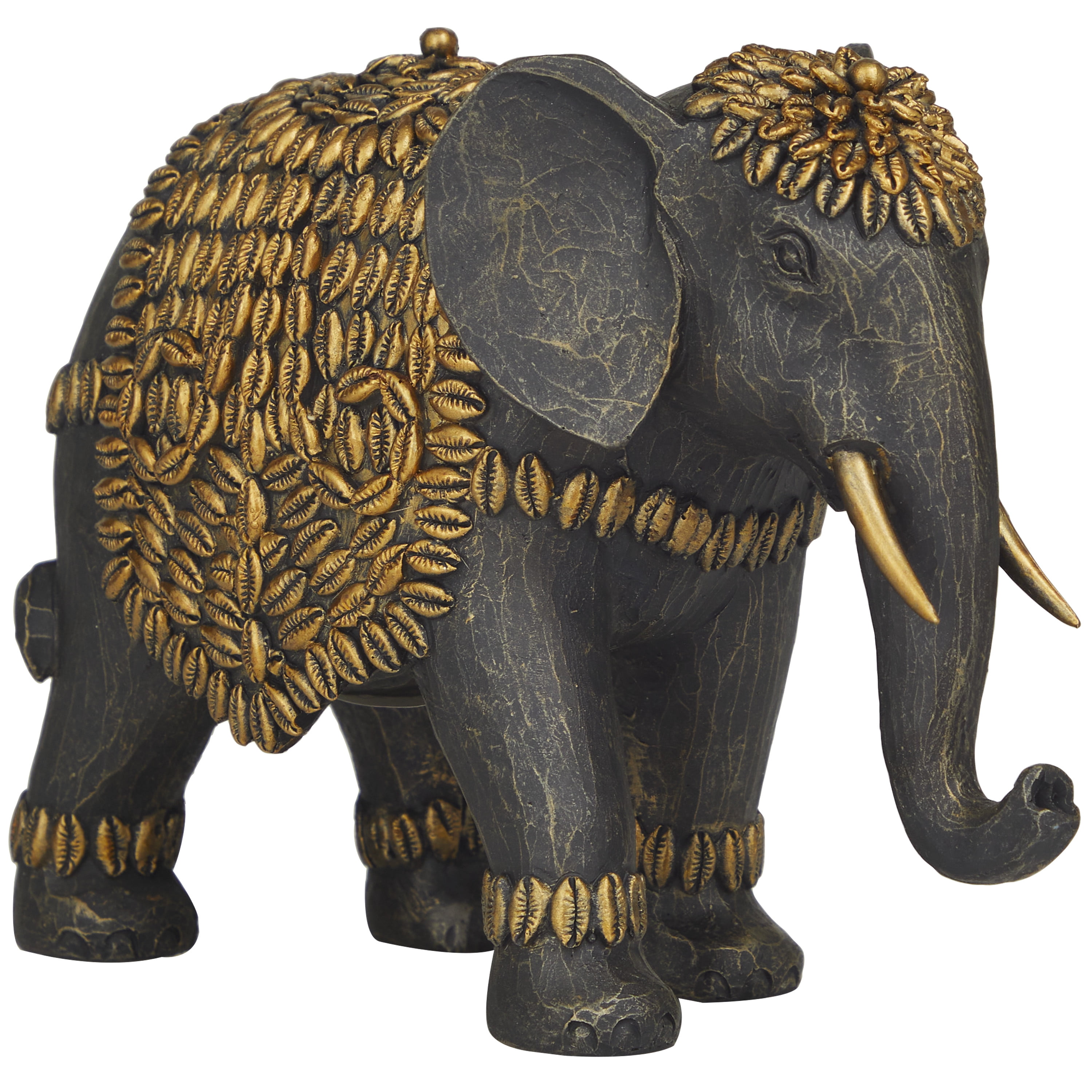 5" x 7" Black Polystone Elephant Sculpture with Cowrie Shell Carvings, by DecMode