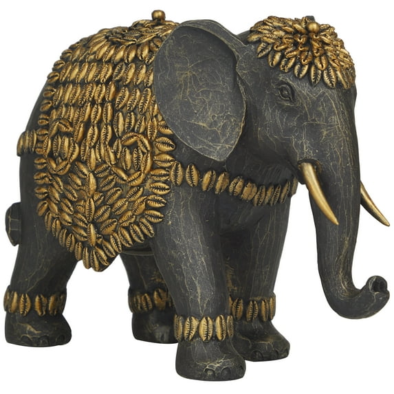 5" x 7" Black Polystone Elephant Sculpture with Cowrie Shell Carvings, by DecMode