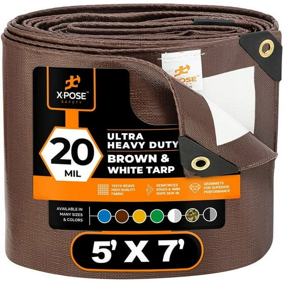 5' x 7' Brown/White Ultra Heavy Duty Tarp - 20 Mil Tarps Heavy Duty Waterproof 5x7 - Large Outdoor Tarp, Waterproof Tarp Cover for Rain Camping, Tent Tarp, UV Protection, Reinforced Corners
