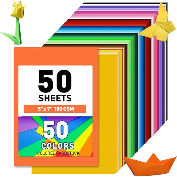5" x 7" Colored Cardstock, 50 Assorted Sheets in 50 Colors, 180 GSM (65 lb) Bulk Construction Paper, Printer Friendly Card Stock for Printing & Making, DIY Crafts, Cricut, School Supplies