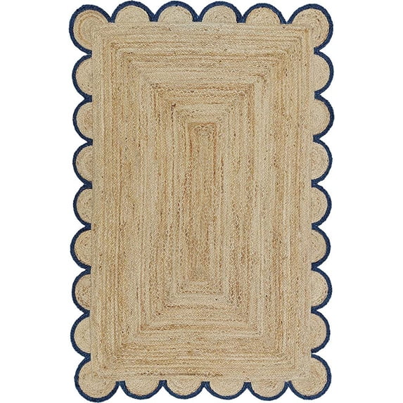 5 x 7 Feet ( 150 cm x 210 cm ) Natural Jute with Blue Scalloped Area Rugs , Home Decor Rugs