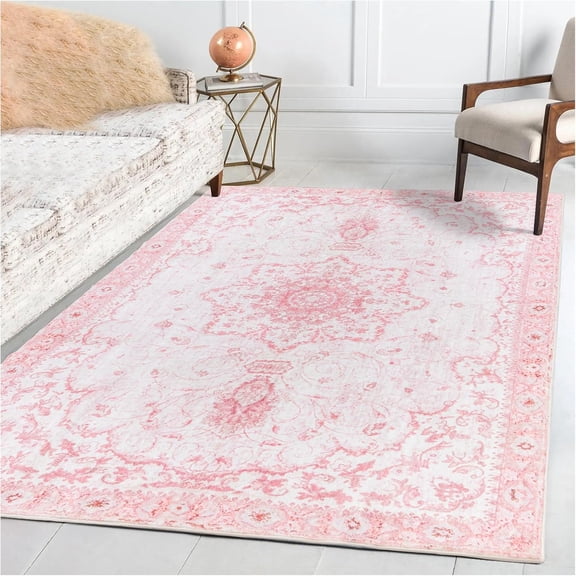 5 x 7 Foot Vintage Floral Honeycomb Area Rug with Non Slip Backing Pink and Cream Faux Wool