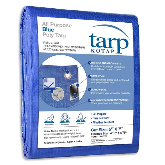 KOTAP 5 x 7 Ft. All-Purpose Protection/Coverage 5-mil Poly Tarp, Waterproof, Blue, TRA-0507