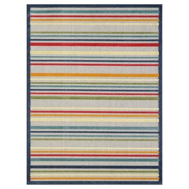5â€™ x 7â€™ Navy Colorful Striped Indoor Outdoor Area Rug