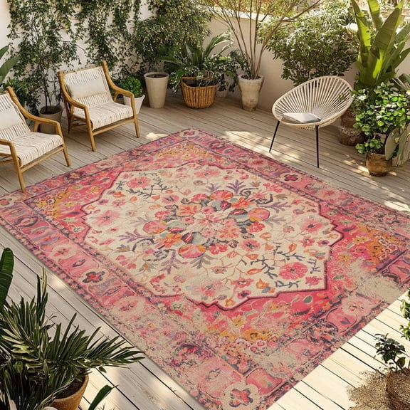 5' x 7' Outdoor Rug, Aztec Southwest Outdoor Washable Rug Large Floor Carpet, Orange Boho Ethnic Floral Geometric Art Non Shedding Area Rug for Outside Patio RV Porch Deck Balcony Camping Living Room