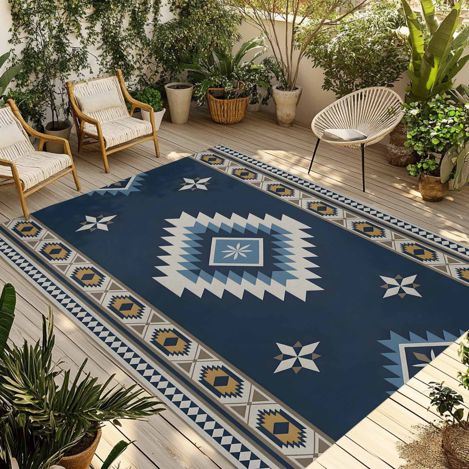 5' x 7' Outdoor Rug, Blue Brown Boho Outdoor Washable Rug Large Floor ...
