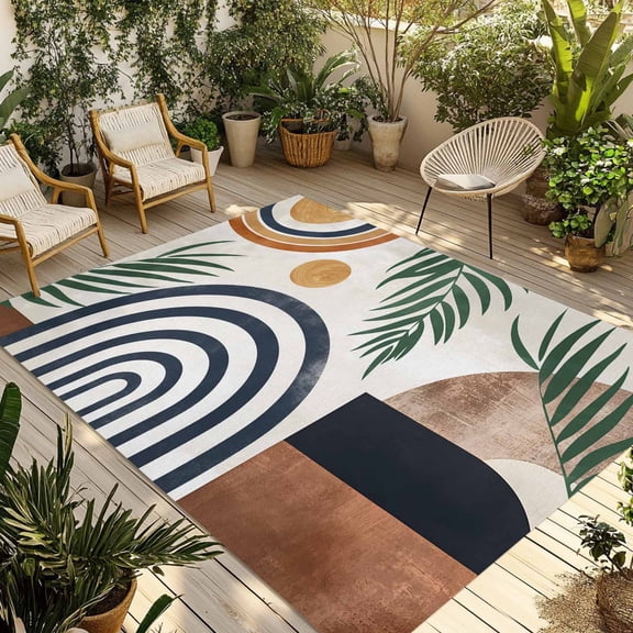 5' x 7' Outdoor Rug, Boho Middle Century Outdoor Washable Rug Large Floor Carpet, Modern Abstract Botanical Geometric Non Shedding Area Rug for Outside, Patio, RV, Porch, Deck, Balcony, Camping