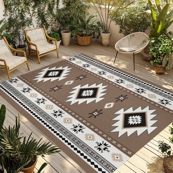 5' x 7' Outdoor Rug, Brown Boho Outdoor Washable Rug Large Floor Carpet, Farmhouse Aztec Southwest Ethnic Geometric Non Shedding Area Rug for Outside Patio RV Porch Deck Balcony Camping Living Room