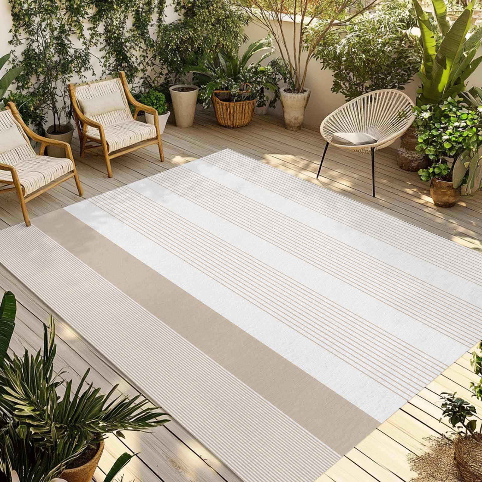 5' x 7' Outdoor Rug, Brown Stripe Outdoor Washable Rug Large Floor Carpet, Modern Rustic Horizontal Brown Striped Non Shedding Area Rug for Outside Patio RV Porch Deck Balcony Camping Living Room