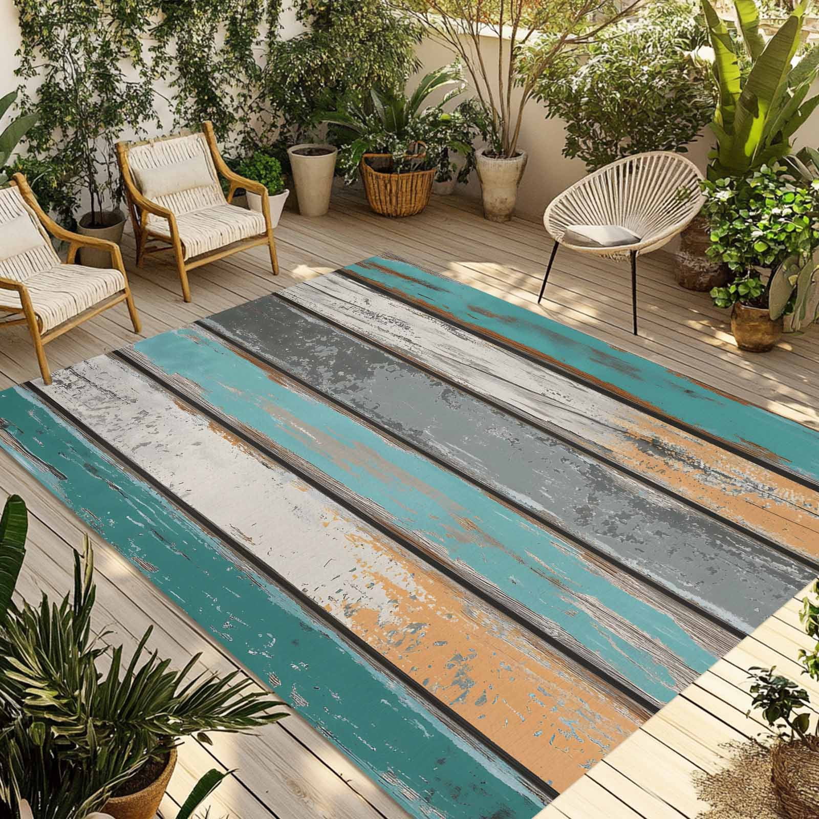 5' x 7' Outdoor Rug, Farmhouse Teal Orange Outdoor Washable Rug Large ...