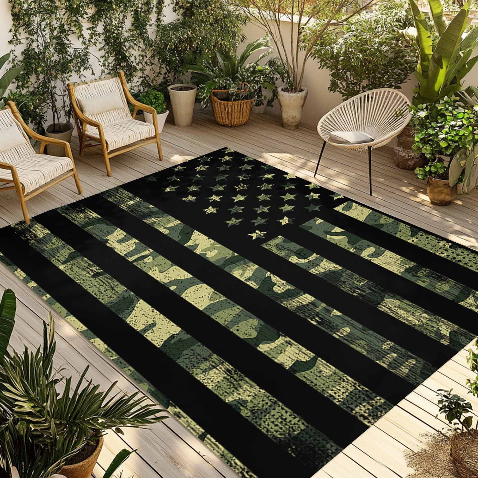 5' x 7' Outdoor Rug, Green Camouflage American Flag Outdoor Washable Rug Large Floor Carpet, Wooden Grain Non Shedding Area Rug for Outside Patio RV Porch Deck Balcony Camping Living Room
