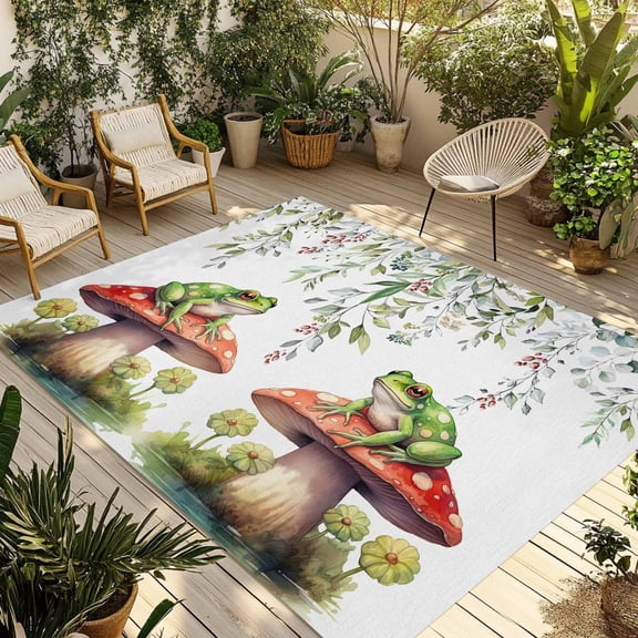 5' x 7' Outdoor Rug, Mushroom Frogs Outdoor Washable Rug Large Floor Carpet, Spring Floral Summer Eucalyptus Leaves Non Shedding Area Rug for Outside Patio RV Porch Deck Balcony Camping Living Room