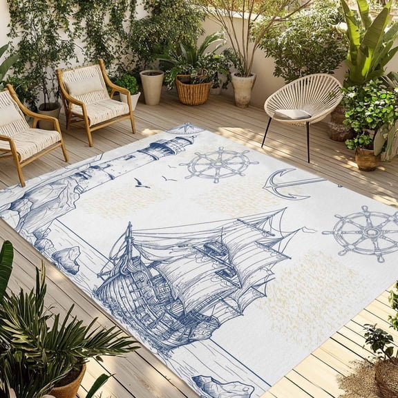 5' x 7' Outdoor Rug, Nautical Ship Lighthouse Outdoor Washable Rug Large Floor Carpet, Ocean Anchor Rudder Lines Art Non Shedding Area Rug for Outside Patio RV Porch Deck Balcony Camping Living Room