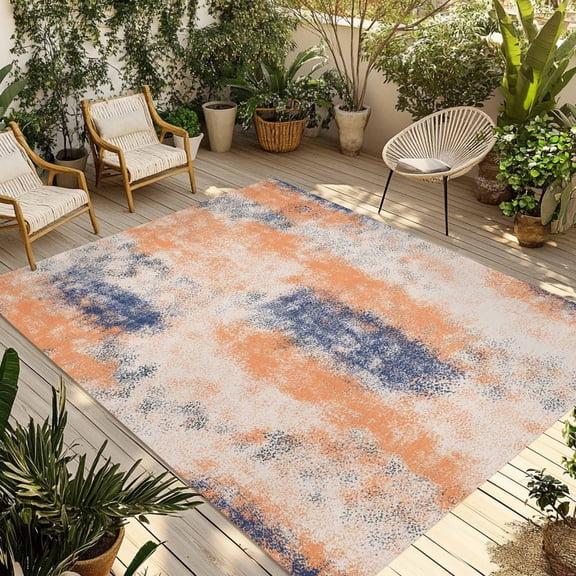 5' x 7' Outdoor Rug, Orange Blue Outdoor Washable Rug Large Floor Carpet, Minimalist Smear Abstract Art Painting Non Shedding Area Rug for Outside Patio RV Porch Deck Balcony Camping Living Room