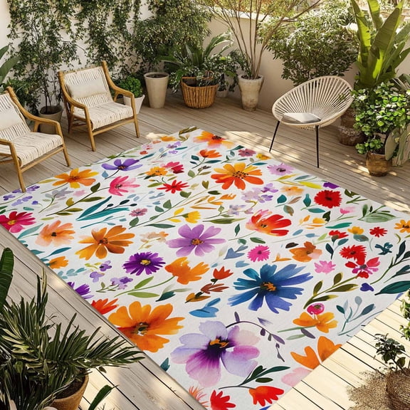 5' x 7' Outdoor Rug, Purple Yellow Floral Outdoor Washable Rug Large Floor Carpet, Spring Wildflower Pastoral Farmhouse Non Shedding Area Rug for Outside Patio RV Porch Deck Balcony Camping