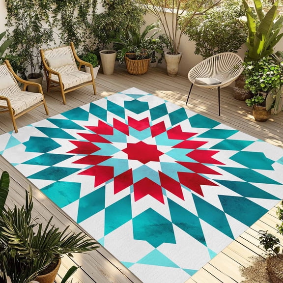 5' x 7' Outdoor Rug, Red Turquoise Boho Outdoor Washable Rug Large Floor Carpet, Ethnic Tribal Aztec Abstract Geometric Non Shedding Area Rug for Outside Patio RV Porch Deck Balcony Camping