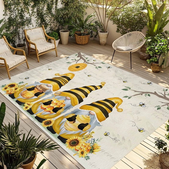 5' x 7' Outdoor Rug, Yellow Bees Gnomes Outdoor Washable Rug Large Floor Carpet, Spring Floral Branches Sunflower Non Shedding Area Rug for Outside Patio RV Porch Deck Balcony Camping Living Room