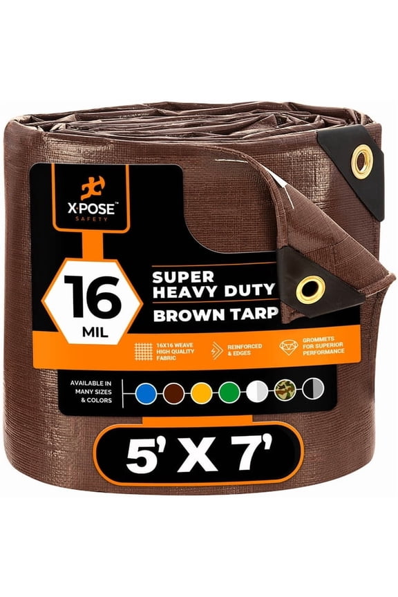 5' x 7' Super Heavy Duty 16 Mil Brown Poly Tarp Cover - Thick Waterproof, UV Resistant, Rot, Rip and Tear Proof Tarpaulin with Grommets and Reinforced Edges - by Xpose Safety