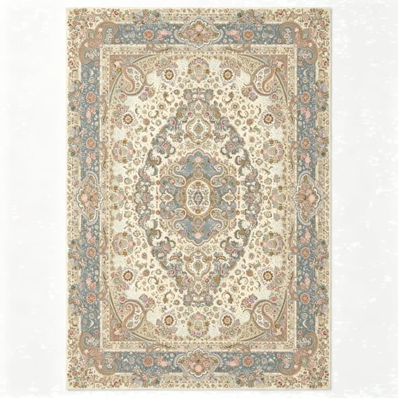 5' x 7' Vintage Persian Area Rug, Oriental Medallion Design, Beige Blue Pink, Washable Non-Slip Stain Resistant Carpet