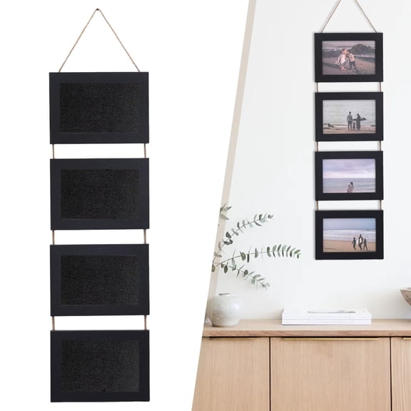 5 x 7 Wall Hanging Picture Frames Collage with 4 Openings and Hemp Rope, Rustic Picture Frames Multiple for Friend, Family, Wedding Photos, Farmhouse Decor, Wedding, Birthday Gifts, Black Frame