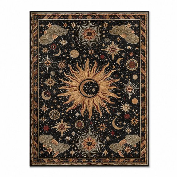 5 x 7 Washable Area Rug, Sun Moon Star Printed Low-Pile Rug with Non-Slip Backing for Living Room Bedroom Dining Room Hallway Entryway