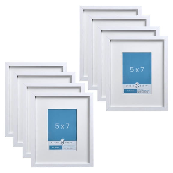 Studio Decor 5" x 7" White Narrow Belmont Frames with Mat - Rustic MDF Frames with White Mat & Glass/Styrene Fronts, Horizontal or Vertical Display, 8 Pack