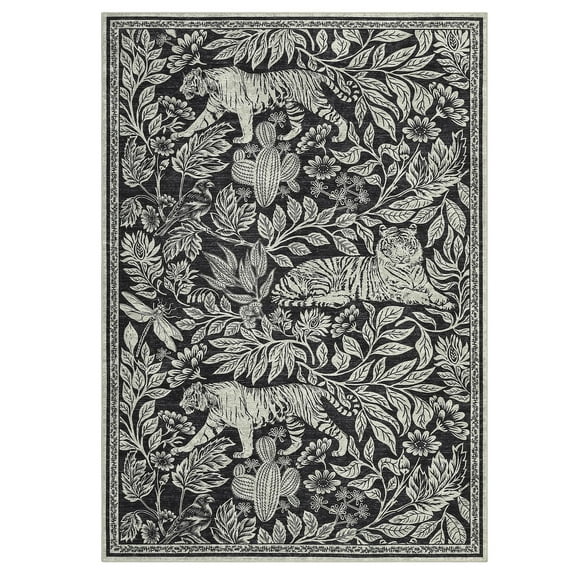 5 x 7 ft Polyester Black Rectangular Living Room Bedroom Dining Room Forest Tiger Print Modern Machine Washable Area Rug