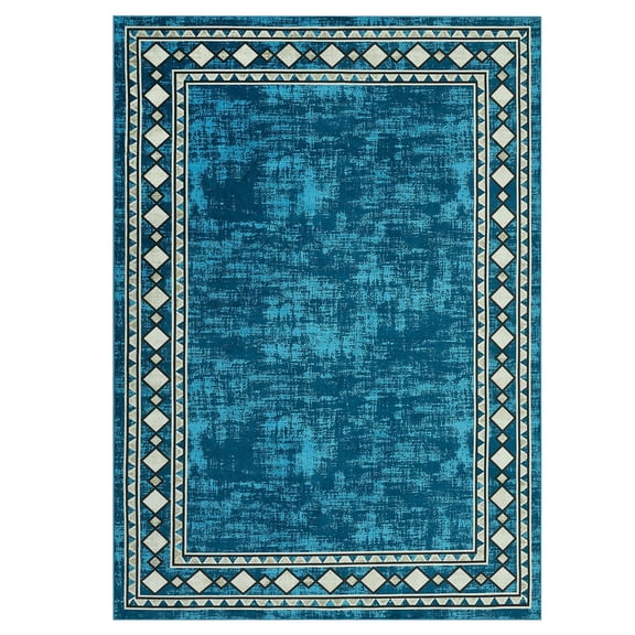 5 x 7 ft Polyester Teal Blue Rectangular Living Room Bedroom Dining Room Geometric Bordered Modern Machine Washable Area Rug
