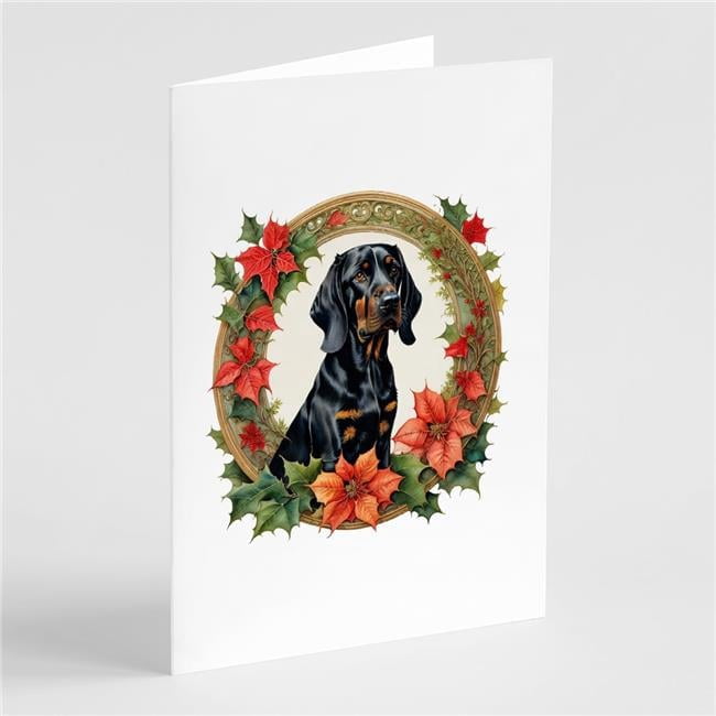 5 x 7 in. Unisex Black & Tan Coonhound Christmas Flowers Greeting Cards - Pack of 8