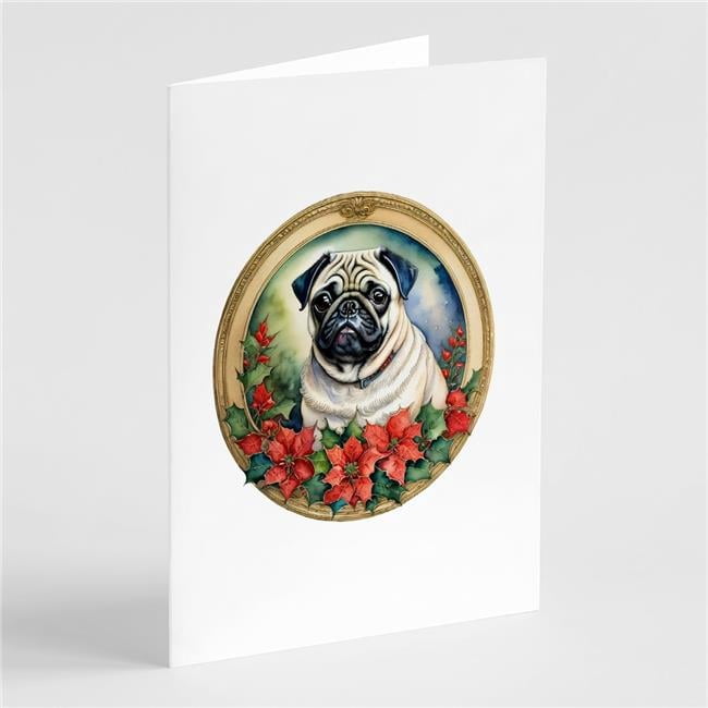 5 x 7 in. Unisex Pug Christmas Flowers Greeting Cards - Pack of 8