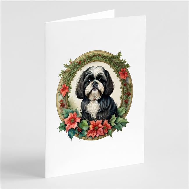 5 x 7 in. Unisex Shih Tzu Christmas Flowers Greeting Cards - Pack of 8