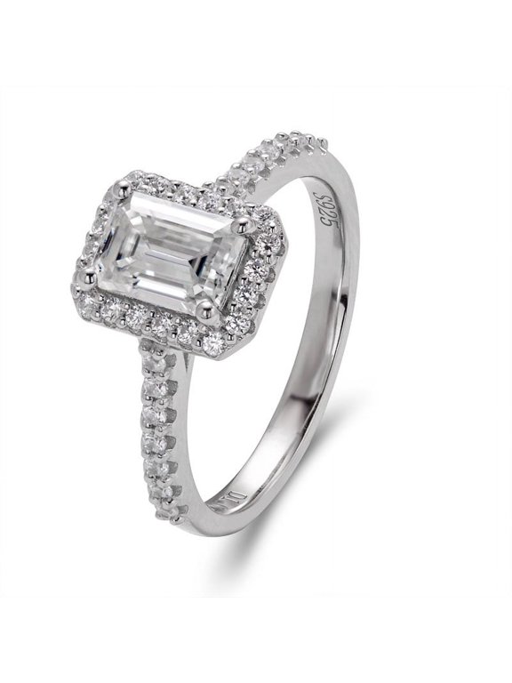 5 x 7 mm Emerald Shape Moissanite Ring with Halo and Shank Moissanite - Solid 925 Sterling Silver - VVS Quality - GRA Certified