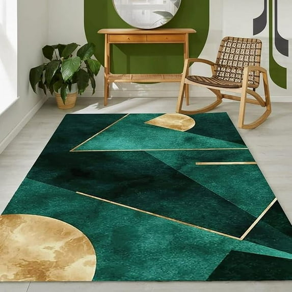 5 x 7ft Green Gold Striped Line Area Rug For Living Room Bedroom, Modern Minimalist Style Non-Slip Carpet, Kitchen Rugs, Vintage Floor Mat With Rubber Backing ﻿
