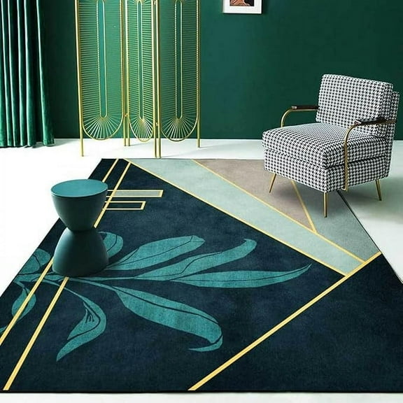 5 x 7ft Green Gold Striped Pattern Area Rug, Floral Abstract Modern Decorative Rug, Indoor Rug Anti-Slip Backing Durable Suitable For Living Room Bedroom Dining Room