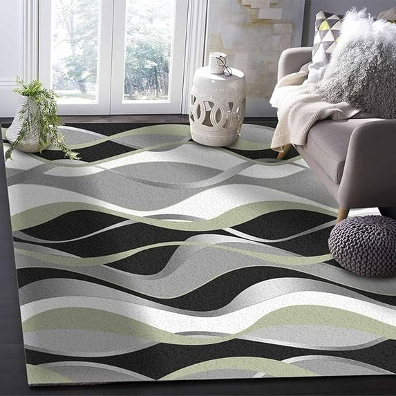 5 x 7ft Green Stripes Area Runner Rug Carpet, Outdoor Indoor Kitchen Living Room Bedroom Laundry Room Washable Bath Rug, Doormat Floor Door Mat, Modern Geometric Black Grey White