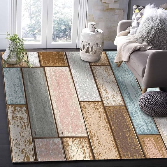 5 x 7ft Rustic Wooden Board Area Rug, Modern Outdoor Living Room Bedroom Area+Rug Carpet, Kitchen Rug Bath Mat Front Porch Floor Doormat Runner Rugs, Retro Farmhouse Barn Brown Teal