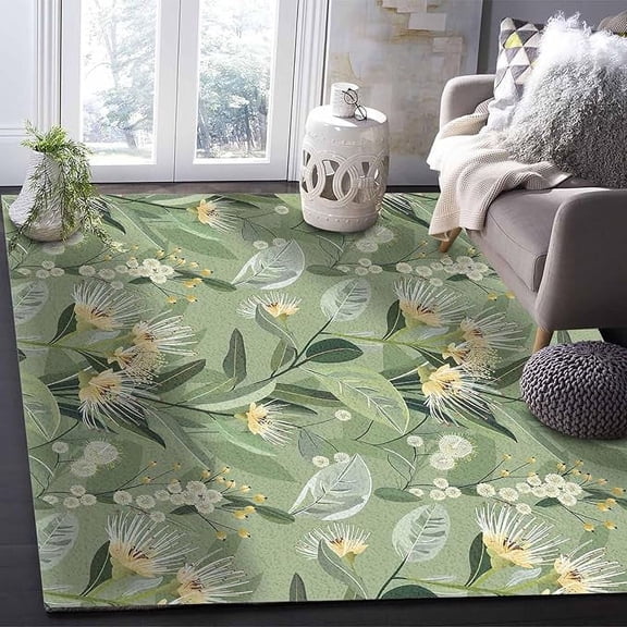 5 x 7ft Tropical Flower Area Runner Rug Carpet,Outdoor Indoor Kitchen Living Room Bedroom Classroom Bath Rug,Doormat Welcome Floor Door Mat,Green Palm Leaves Botanical Spring Summer
